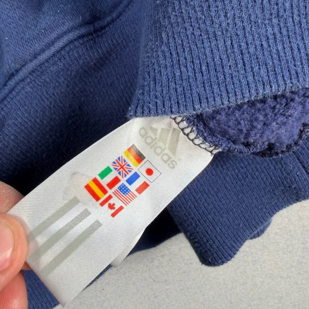 Adidas Mens Vintage Embroidered Logo Hoodie Navy Blue Fleece Pullover Large